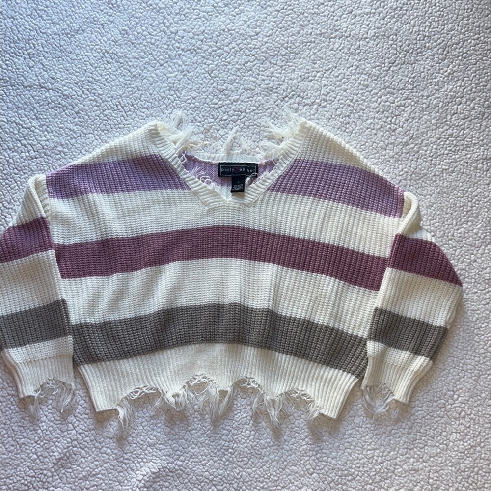 Polly & Esther V-Neck Sweater with Cream, Purple, and Gray Stripes